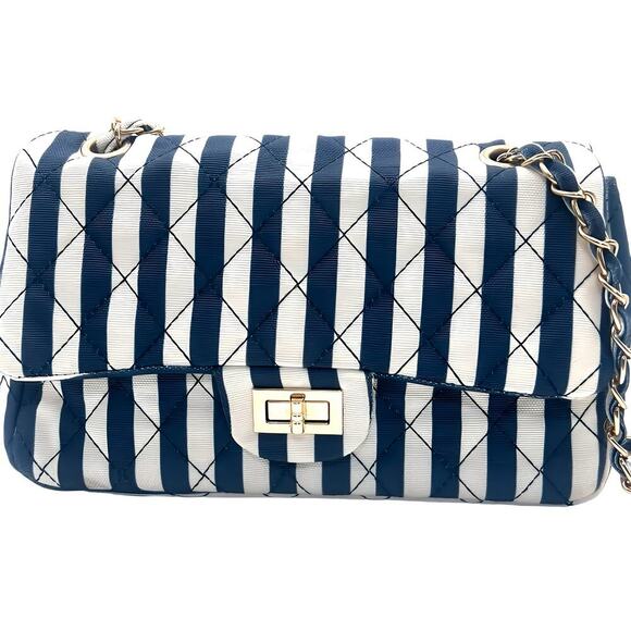 Hello 3AM Blue & White Stripe Nautical Shoulder Clutch Gold Chain Crossbody Bag - Picture 5 of 12